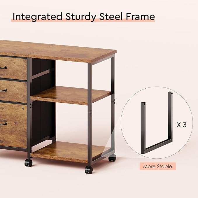 3 Drawer File Cabinet with Wheels Rolling Printer Stand with Open Storage Shelf Fabric Lateral Filing Cabinet for Home Office,Rustic Brown2