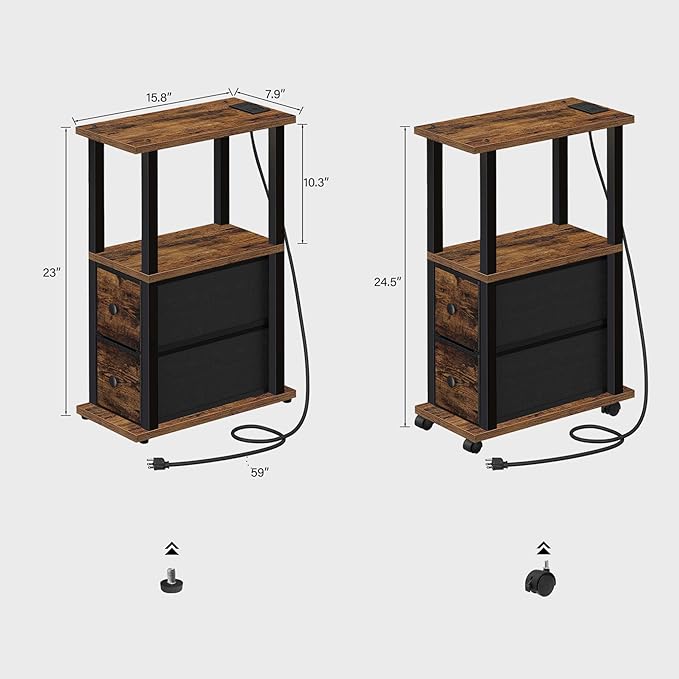 TUTOTAK Small Narrow End Tables, Side Tables with 2 Fabric Drawers, Set of 2, Bedside Tables with Charging Station for Small Spaces, Slim Nightstands with USB Ports and Wheels, TB01BB053C