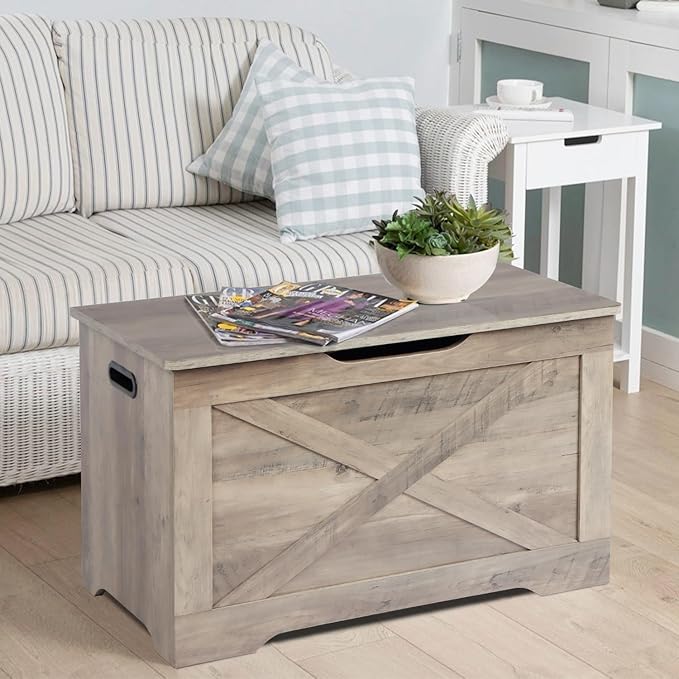 Storage Chest, Wooden Storage Bench, Entryway Shoes Bench with 2 Safety Hinges, Retro Storage Trunk for Living Room,Bedroom, 15.7 x 31.5 x 18.9 Inches, Grey
