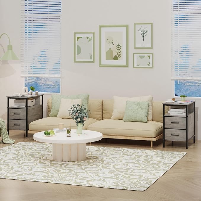 End Table with Charging Station, Narrow Side Table with 2 Fabric Drawer & Storage Shelf, USB Ports & Power Outlets, Narrow Nightstand for Bedroom Living Room Small Spaces, Greige