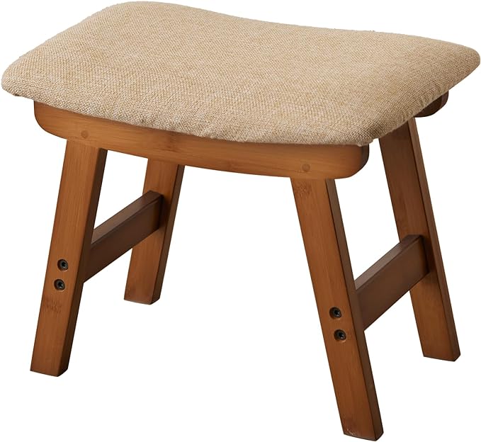 Foot Stool,Ottoman,Bamboo Small Sofa Foot Rest Under Desk,Extra Seating for Living Room, Bedroom and Kitchen(Brown Stool Legs - Beige Surface)