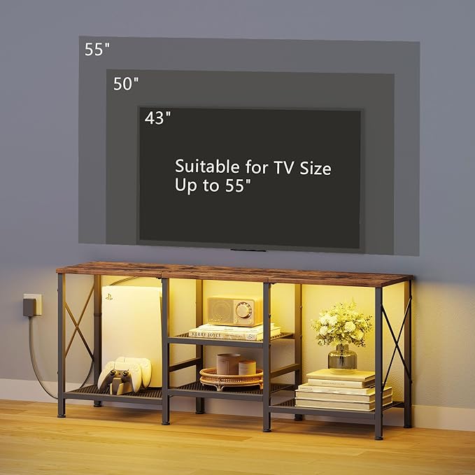 TV Stand with LED Lights for 55 Inch TV, Entertainment Center with 3-Tier Open Shelves, TV Console Table for Living Room, Bedroom, Rustic Brown