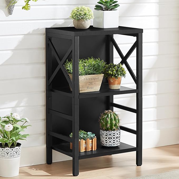Small Bookshelf,3 Tier Industrial Bookcase with Metal Frame and Backboard,Low Black Book Shelf,Book case for Small Spaces,Living Room,Bedroom and Home Office