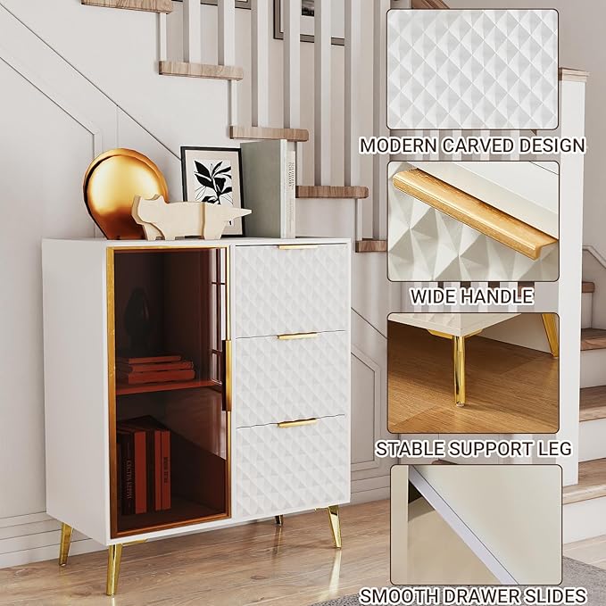 Rovibek Modern Sideboard Cabinet with Storage, Small Kitchen Buffet Cabinet with Glass Door & 3 Drawers, 31" Accent Sideboard Buffet for Kitchen, Living Room, White