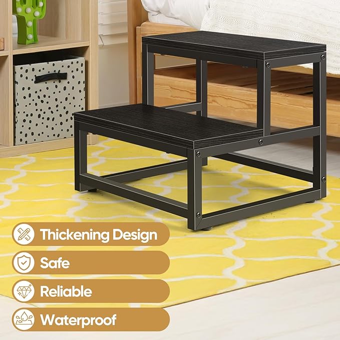 Wood and Metal 2 Step Stool for Adults & Kids – Heavy Duty Rustic Step Stools, 500 Lbs Capacity Non-Slip Stepping Stool for High Beds, Kitchen, Bathroom, Closet, Durable Foot Stool for Home Use,Black
