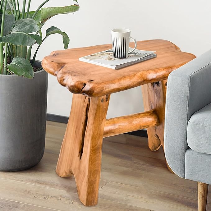 Wood Step Stool, Unique Design Live Edge Wood Stool, Freeform Natural Plant Stand for Garden, Yard, Living Room, Bedroom