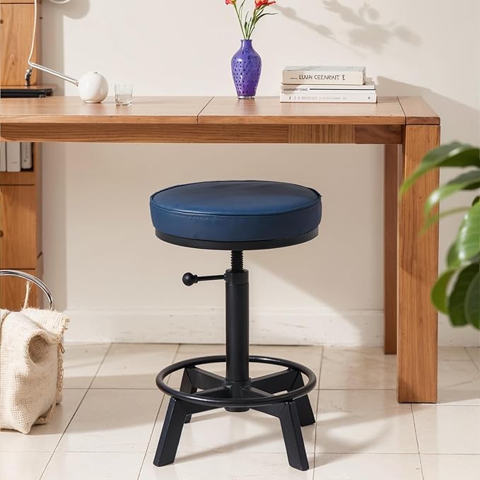 Vintage Short Bar Stools Industrial Swivel Counter Stools 17-24inch Height Adjustable Rustic Leather PU Seat Chairs for Kitchen Island Extra Seat Beside Sofa (Dark Blue)