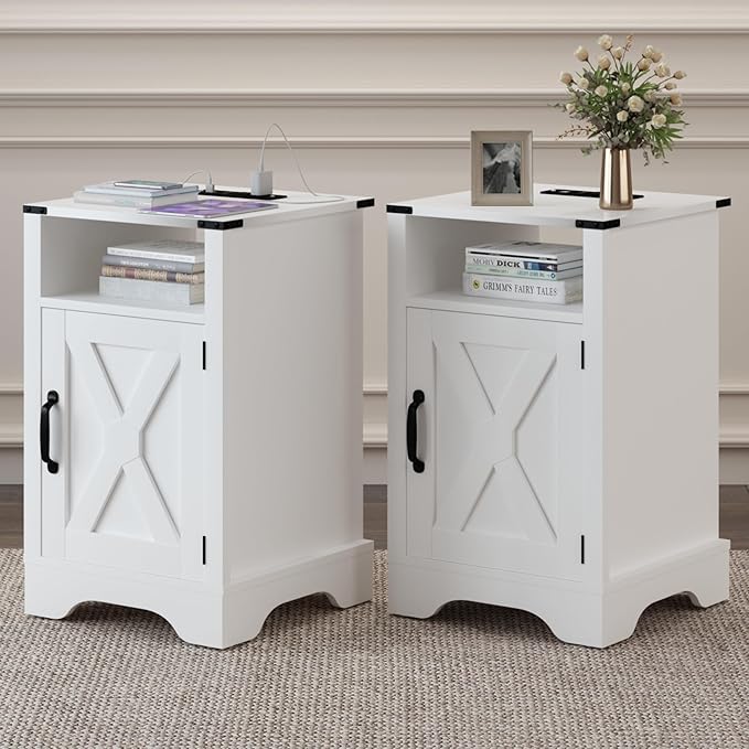 RoyalCraft Farmhouse Nightstand, White End Table with Charging Station, Tall Bedside Table with Large Storage Room and Shelf, Wooden Rustic Side Table for Bedroom, Home Office, White