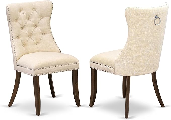 I5DA5-50N-32 5-Piece Modern Dining Table Set with Polyester Fabric 4 Light Beige kitchen chairs, Button-Tufted Backs, and a 54"Round Table in Antique Walnut Finish.