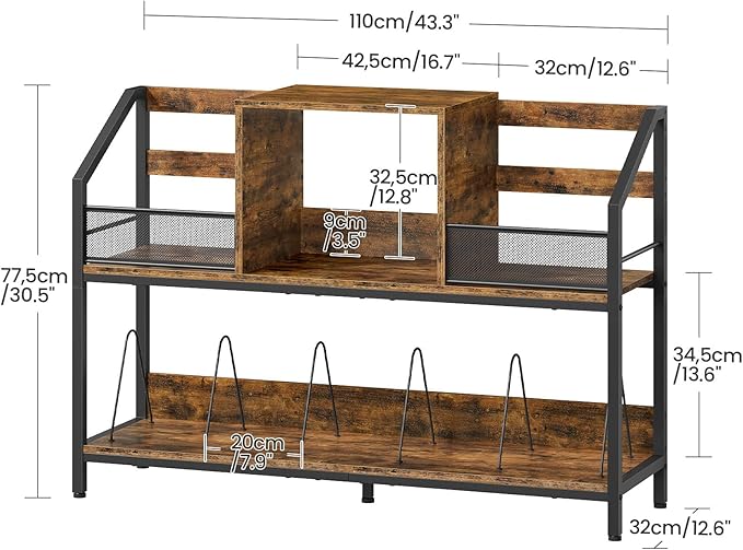 Large Record Player Table, Holds up to 400 Albums, Medieval Rustic Vinyl Record Player Display Stand, Removable Dividers, for CD and Audio Equipment Storage, Rustic Brown TCW77BF
