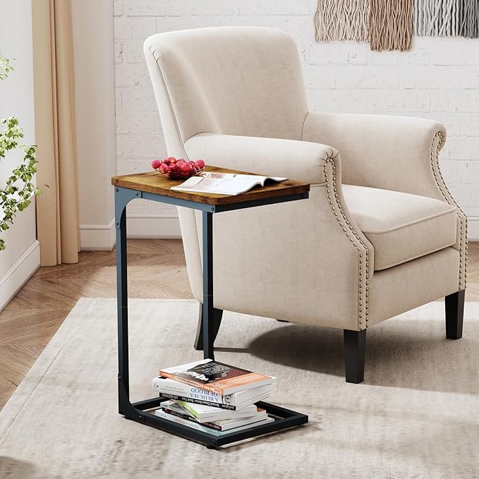QEEIG C Table Side Table Living Room C Shaped Couch Tray End Table Farmhouse 1 Pack, Rustic Brown (017-30BN-1)