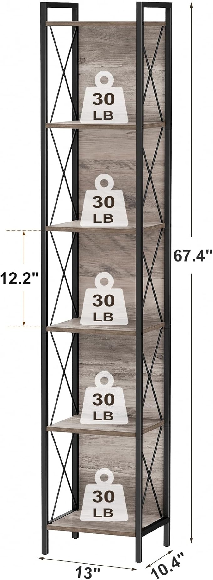 Homhedy 6 Tier Bookshelf Bookcase, Tall Narrow Bookshelf for Small Space, Metal Storage Shelves with Back Panel, for Home Office, Living Room, Kitchen, Bedroom, Industrial Style, Greige