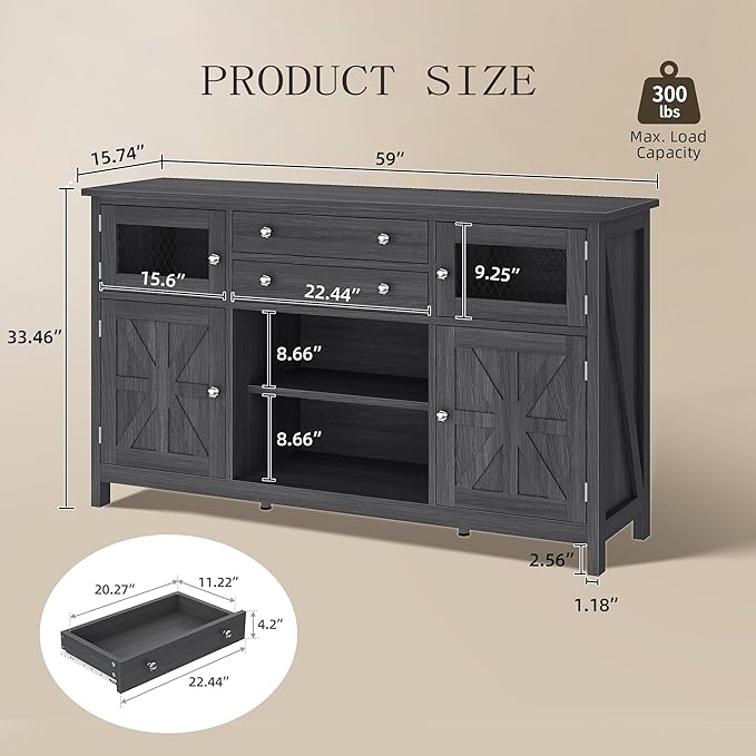 YITAHOME Farmhouse TV Stand for TVs up to 65", 59" Entertainment Center with 2 Large Drawers & Visual Grid Door, Rustic TV Media Console for Living Room, Dark Grey