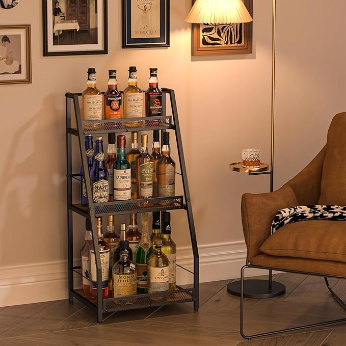 3-Tier Trapezoid Liquor Stand for Home Bar, Stepped Wine Rack Freestanding Floor for Liquor Whiskey Wine, Versatile Corner Wine Bottle Display Stand with Fences, Vintage Brown（Patent Pending）