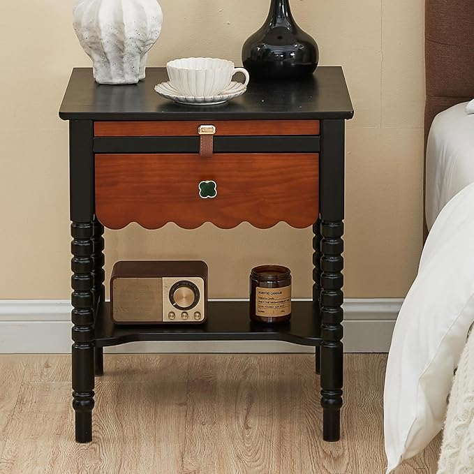 Uniclinens Mid Century Modern Nightstand Two-Tone Bedside Table with Drawers, Vintage Solid Wood End Side Table for Bedroom Living Room, Black-Brown