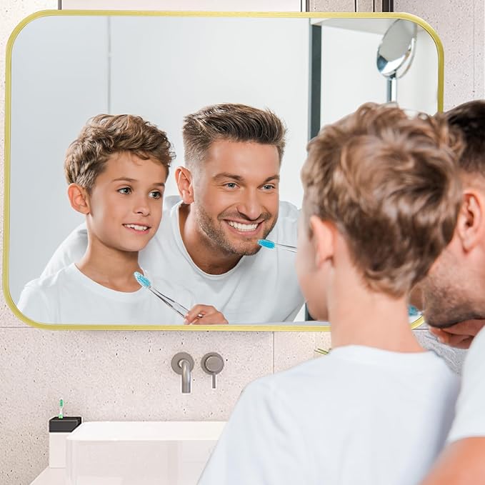 16x24 Inch Gold Mirror, Framed Rectangle Mirror with Rounded Corner, Brushed Brass Mirror, Gold Bathroom Mirror for Over Sink, Vanity, Living Room, Bedroom, Horizontal/Vertical