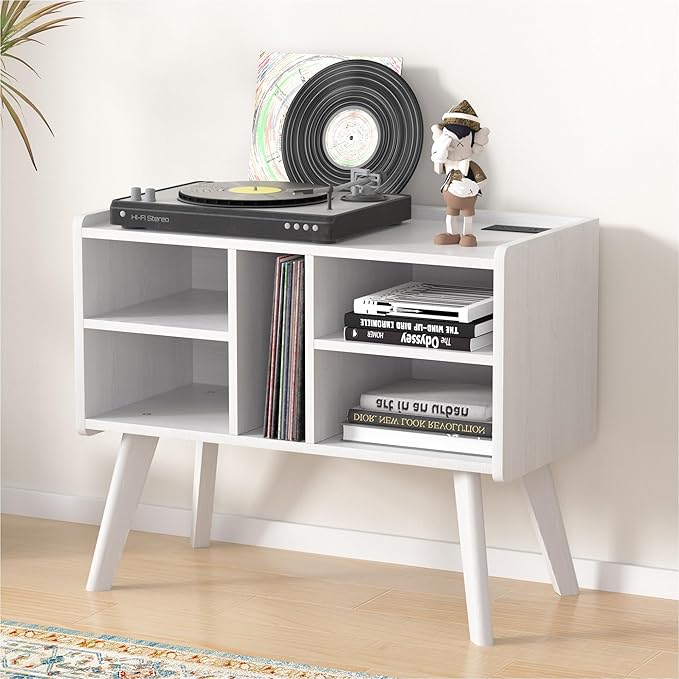 Forevich Record Player Stand Table with Vinyl Storage Holder Large Turntable Record Stand with Power Outlet Holds Up to 220 Albums Display Shelf Cabinet with Wood Legs for Living Room White
