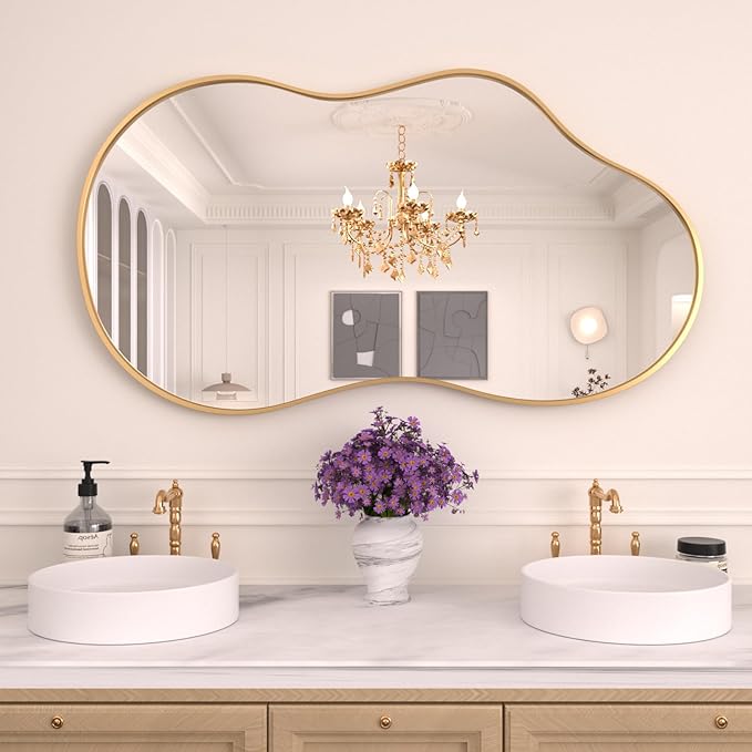 WEER Irregular Wall Mirror, 26x46 inch Gold Asymmetrical Mirror Wall Mounted Mirrors Decorative, Abstract Wavy Aluminum Alloy Frame Mirror for Bathroom, Bedroom, Living Room, Entryway