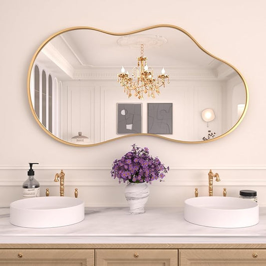 WEER Irregular Wall Mirror, 26x46 inch Gold Asymmetrical Mirror Wall Mounted Mirrors Decorative, Abstract Wavy Aluminum Alloy Frame Mirror for Bathroom, Bedroom, Living Room, Entryway