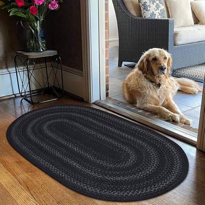 Jet Black Small Oval Rug 20x30 - Primitive Oval Braided Rugs for Kitchen and Entryways