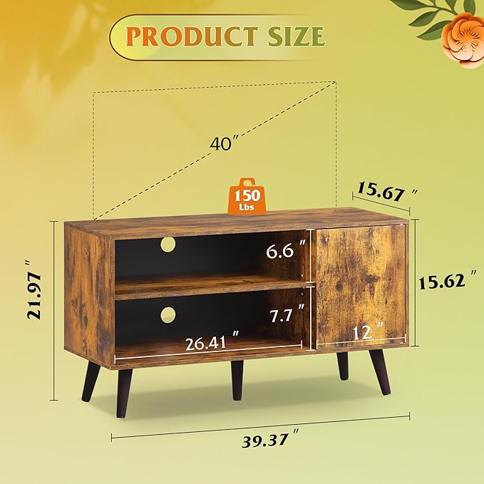WLIVE TV Stand for 43 Inch TV, Small Entertainment Center with Storage Cabinet & Adjustable Shelves, Mid-Century Modern TV Stands for Living Room and Bedroom, 32" TV Console, Brown