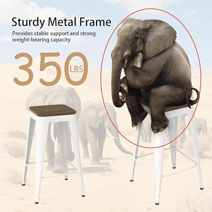 30 inch Backless Bar Stools Set of 4, Indoor Metal Bar Stools with Wood Seat, Industrial Counter Height Barstools for Kitchen Island, White