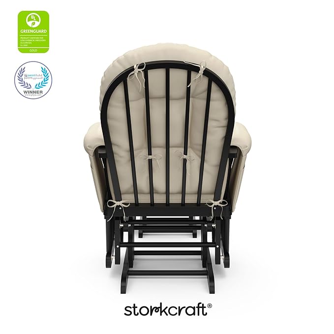 Storkcraft Premium Hoop Glider & Ottoman (Black with Beige) — GREENGUARD Gold Certified, Solid Wood Craftsmanship, Convenient Storage Pockets, Smooth-Gliding Chair for Nursery, Multi-Award-Winning
