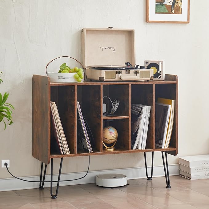 Large Brown Record Player Stand with Vinyl Storage, Power and USB Port, Holds Up to 200 Albums, Turntable Stand with Record Storage Cabinet