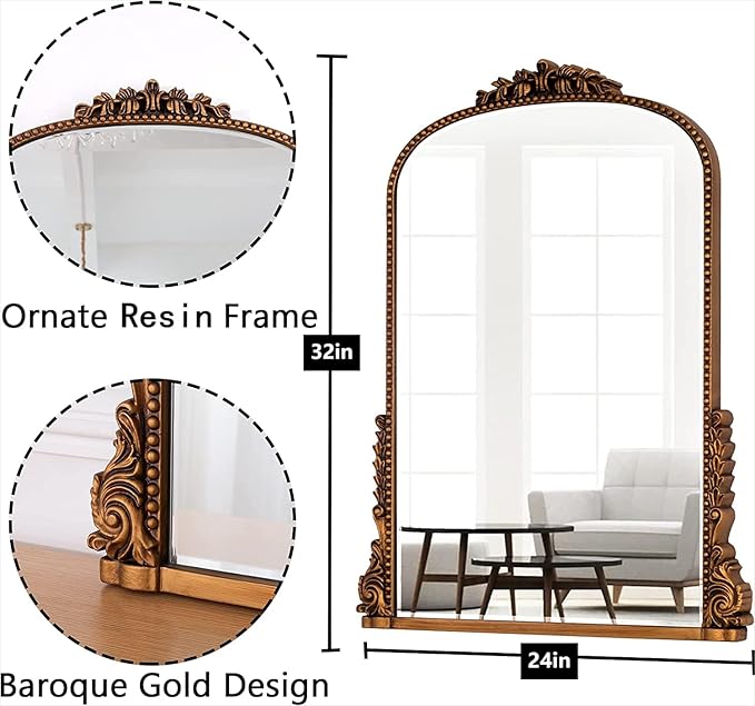 SHYFOY Antiqued Wall Mirror Decorative Vintage Mirrors for Wall Decor, Baroque Wall Mirrors Ornate Arch Mantel Mirror for Living Room Entryway Powder Room, Bronze Dark-Gold Wall Decor, MDF Backing