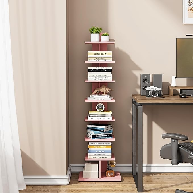 TUTOTAK Bookshelf, 8-Tier Bookcase, Narrow Spine Book Shelf for Small Space, Corner Standing Shelf for Living Room, Office, Study, Entryway, Pink BS06BP008