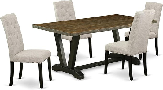 East West Furniture V677EL635-5 5 Piece Modern Dining Table Set Includes a Rectangle Wooden Table with V-Legs and 4 Doeskin Linen Fabric Upholstered Chairs, 40x72 Inch, Multi-Color