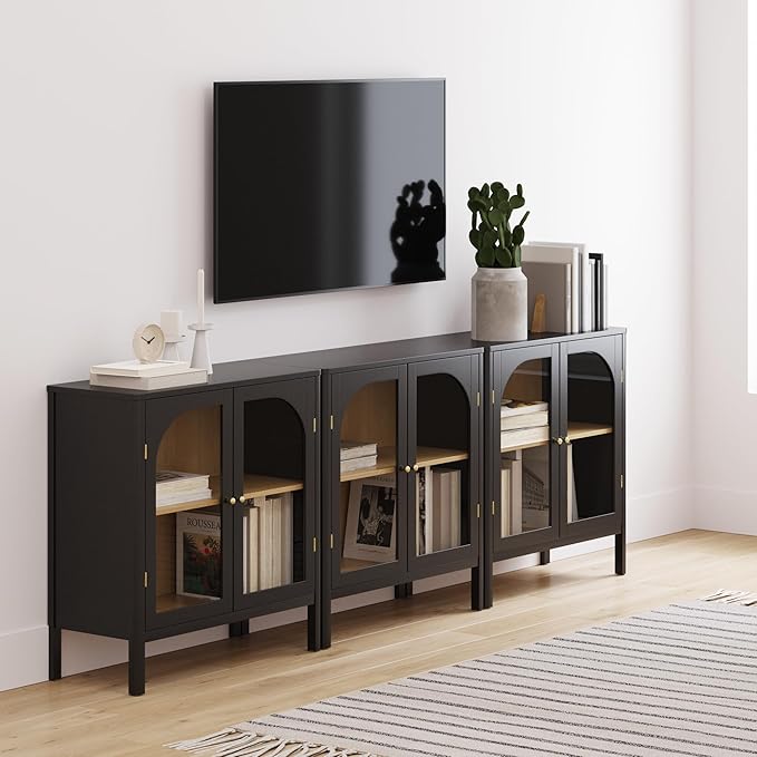 Nathan James Mason Storage Cabinet Accent Sideboard Buffet Credenza TV Stand with Glass Doors and Adjustable Shelf in Black Wood for Dining Room, Entryway and Living Room, Clear Glass/Black, Set of 3