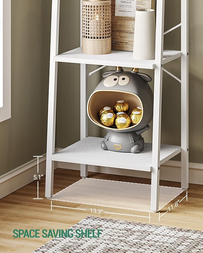 Ladder Shelf, Bookshelf Bookcase, Freestanding Corner Storage Shelve with 2 Hooks for Home Office, Living Room, Kitchen, Bedroom, Industrial, 6-Tier White BC13313W