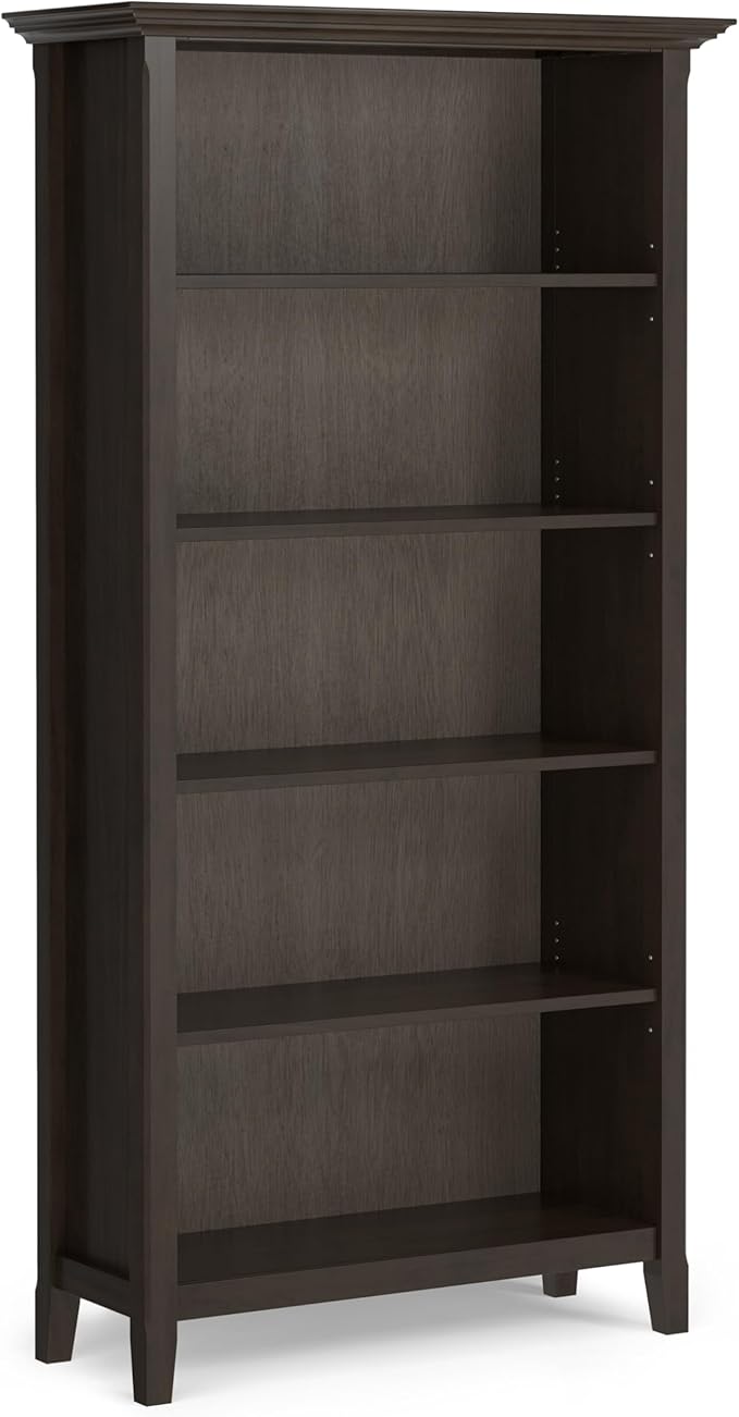 SIMPLIHOME Amherst Bookcase - 70 inch Tall 5-Shelf Solid Wood Bookshelf in Hickory Brown, Transitional Storage for Living Room, Study Room or Office with Adjustable Shelves and Tapered Legs