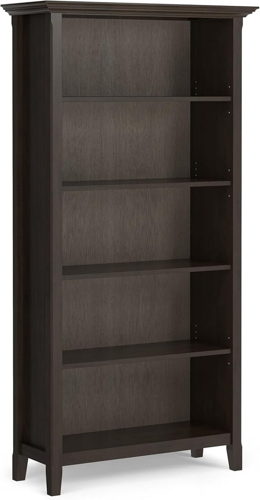 SIMPLIHOME Amherst Bookcase - 70 inch Tall 5-Shelf Solid Wood Bookshelf in Hickory Brown, Transitional Storage for Living Room, Study Room or Office with Adjustable Shelves and Tapered Legs