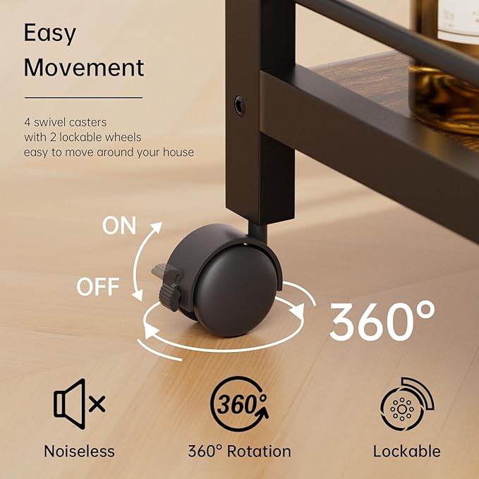HITNET Bar Cart for The Home, Home Bar Serving Cart with Wheels and Storage Shelves, 3 Tier Rolling Liquor Beverage Cart for Kitchen Dining Living Room, Rustic Brown and Black