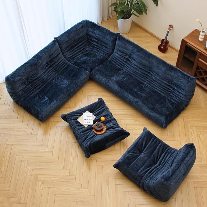 N&V Fireside Chair, Mid Century Armless Floor Sofa, Soft Premium Chenille Floor Lounge Chair, Foam Sofa Accent Chair for Living Room Bedroom and Office (Blue, Loveseat)