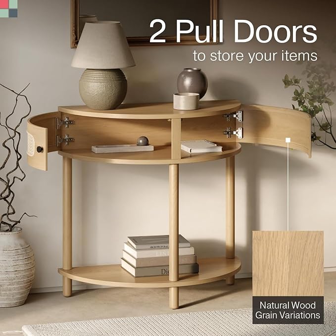 Rattan Half Moon Shaped Entry Table, Small Console Table with Storage, Modern Home Decor, Cane Console Table, Solid Wood Entryway Table with 2 Doors & Black Knobs (Natural Oak)