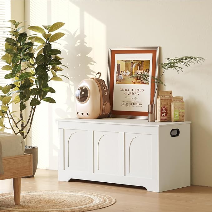 DINZI LVJ Storage Chest, 39.4”Wooden Storage Box with 2 Safety Hinges, Entryway Shoe Bench with Flip-Top, Trunk for Living Room, Bedroom, Easy Assembly, White