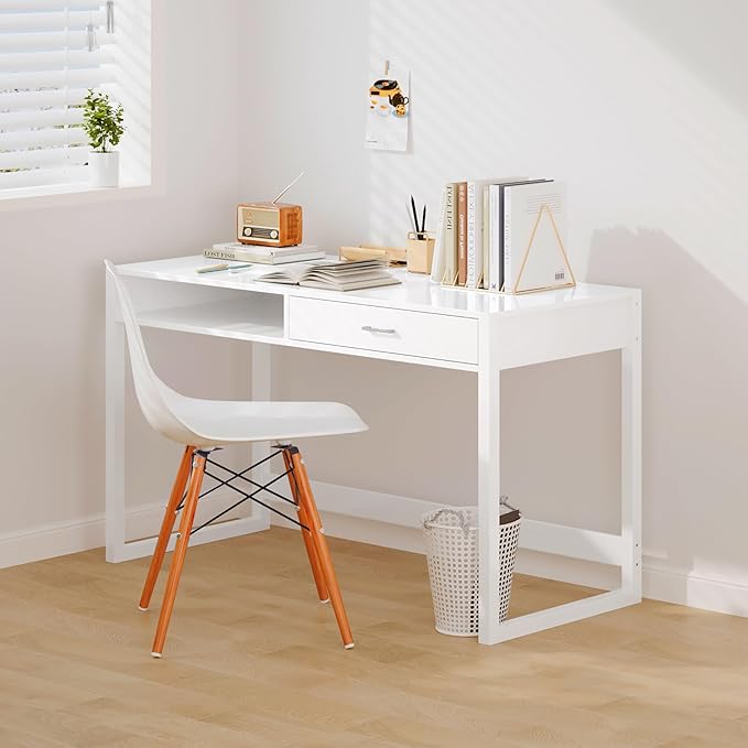 4NM 43.3" Computer Desk with Drawer, Morden White Home Office Desk, Study Writing Table with Storage for Small Spaces,Vanity Desk Makeup Table for Bedroom- White