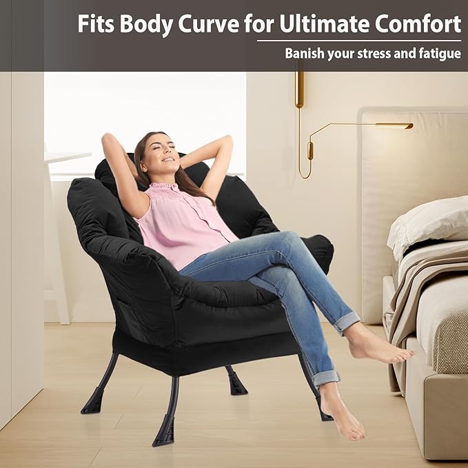 Lazy Chair Thick Padded, Comfy Velvet Accent Lounge Chair with Stable Frame, Leisure Sofa Armchair with Armrests and Side Pocket, Reading Chair for Bedroom, Living Room, Office, Black
