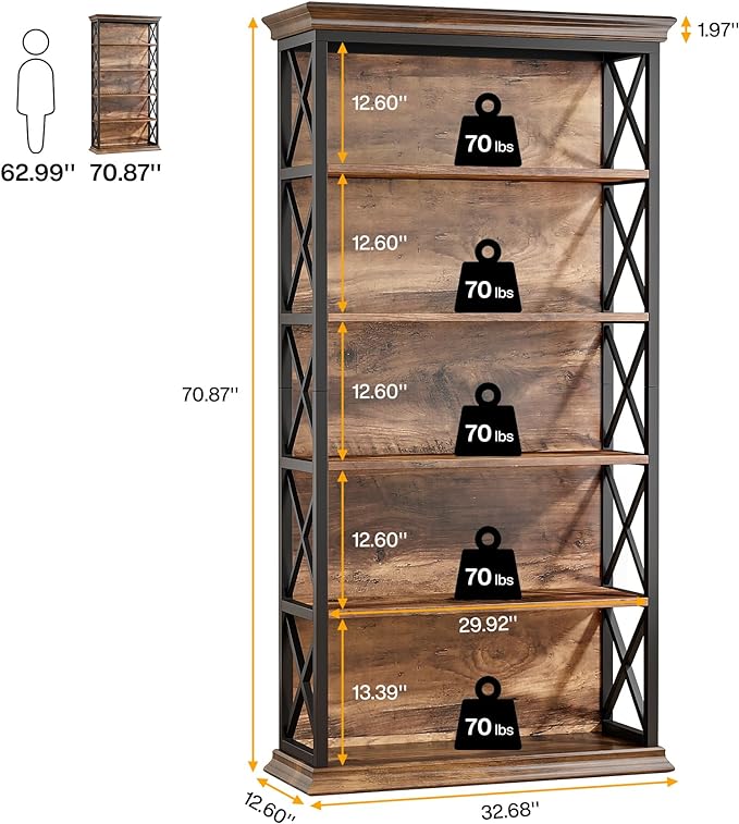 Tribesigns 6-Tier Bookcase, 71 Inches Industrial Bookshelves and Bookcases, Floor Standing 5 Shelf Display Storage Shelves Tall Bookcase for Home Office, Living Room, Bed Room, Brown and Black