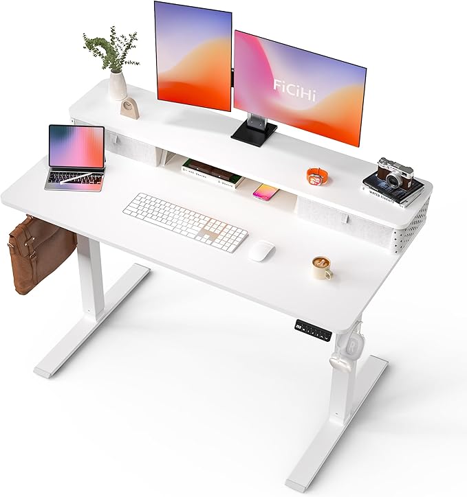 55x24 Inch Standing Desk with Double Drawers, C-Clamp Mount Compatible, Electric Adjustable Height Computer Stand Up Desks, Home Office Sit Stand Table with 3 Preset Heights & 2 Hooks, White