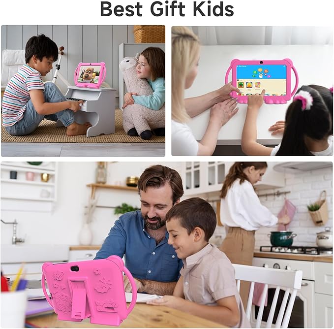 Kids Tablet 7 inch Android 12.0 for Toddler, 4GB RAM 32GB ROM Bluetooth IPS Screen Parental Control Dual Camera Shockproof Case for Educational Games, (1PCS, Rose Red)