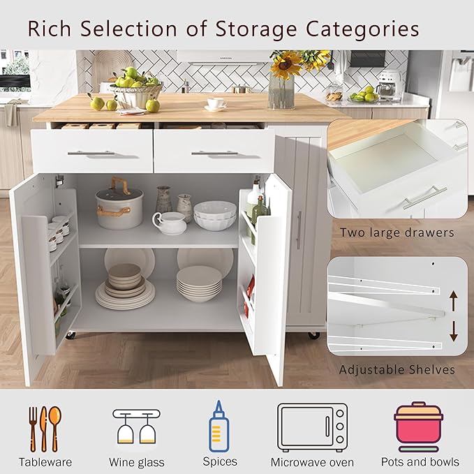 46" Kitchen Island with Drop Leaf,Kitchen Storage Cart W/ 3 Tier Pull Out Cabinet Organizer & Internal Storage Rack,Rolling Kitchen Cart on Wheels W/Towel Rack & 2 Drawers,for Kitchen,White