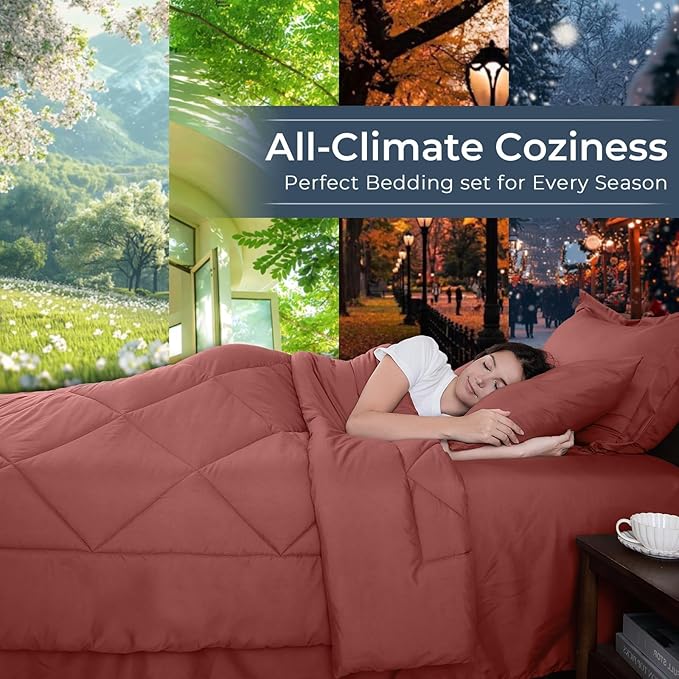 HEVUMYI Terracotta Twin Comforter Set - 5-Piece All Season Bed in a Bag Twin, Ultra Soft Bedding Set with Comforter, Flat Sheet, Fitted Sheet, Pillowcases, Pillow Shams