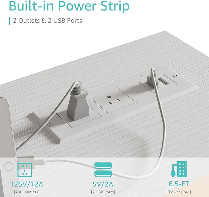 Lufeiya White Computer Desk with Power Outlet, 40 inch Simple Teen Study Table Home Office Work Writing Desks with Charging Station Outlets USB Port Built in, Storage Pocket，White