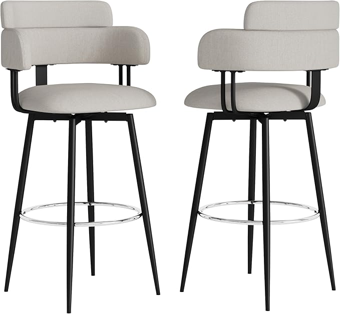 Swivel Bar Stools Set of 2, Counter Height Bar Stools with Ergonomic Full Back, Upholstered Linen Fabric Barstools with Chrome Metal Footrest for Kitchen Island, Dining Room