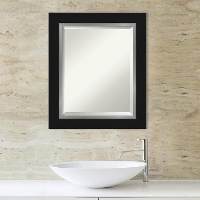 Amanti Art Black Bathroom Mirror for Over Sink, 26x22 Eva Black Silver Rectangle Vanity Mirror, Small Modern Contemporary Frame, Hangs Horizonally and Vertically, Bathroom Wall Decor, Beveled Edge