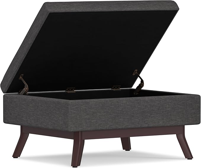 SIMPLIHOME Owen 34 inch Wide Mid Century Modern Rectangle Coffee Table Storage Ottoman in Slate Grey Linen Look Fabric, Assembled, For the Living Room, Entryway and Family Room